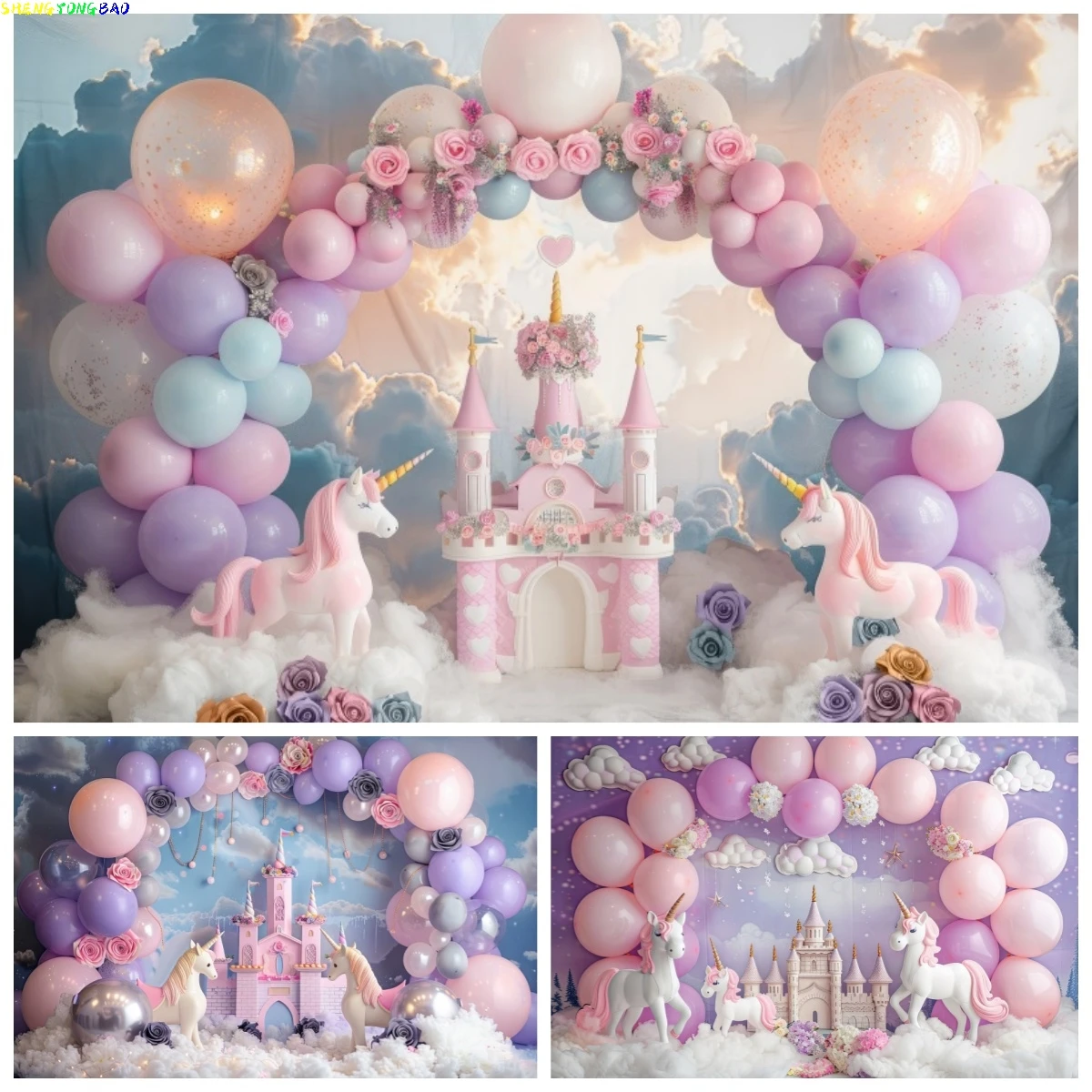 Mädchen Prinzessin Geburtstagsparty Deko-Hintergrund Einhorn-Schloss Bunte Luftballons Kinder-Porträt Baby-Shower Fotografie-Hintergrund