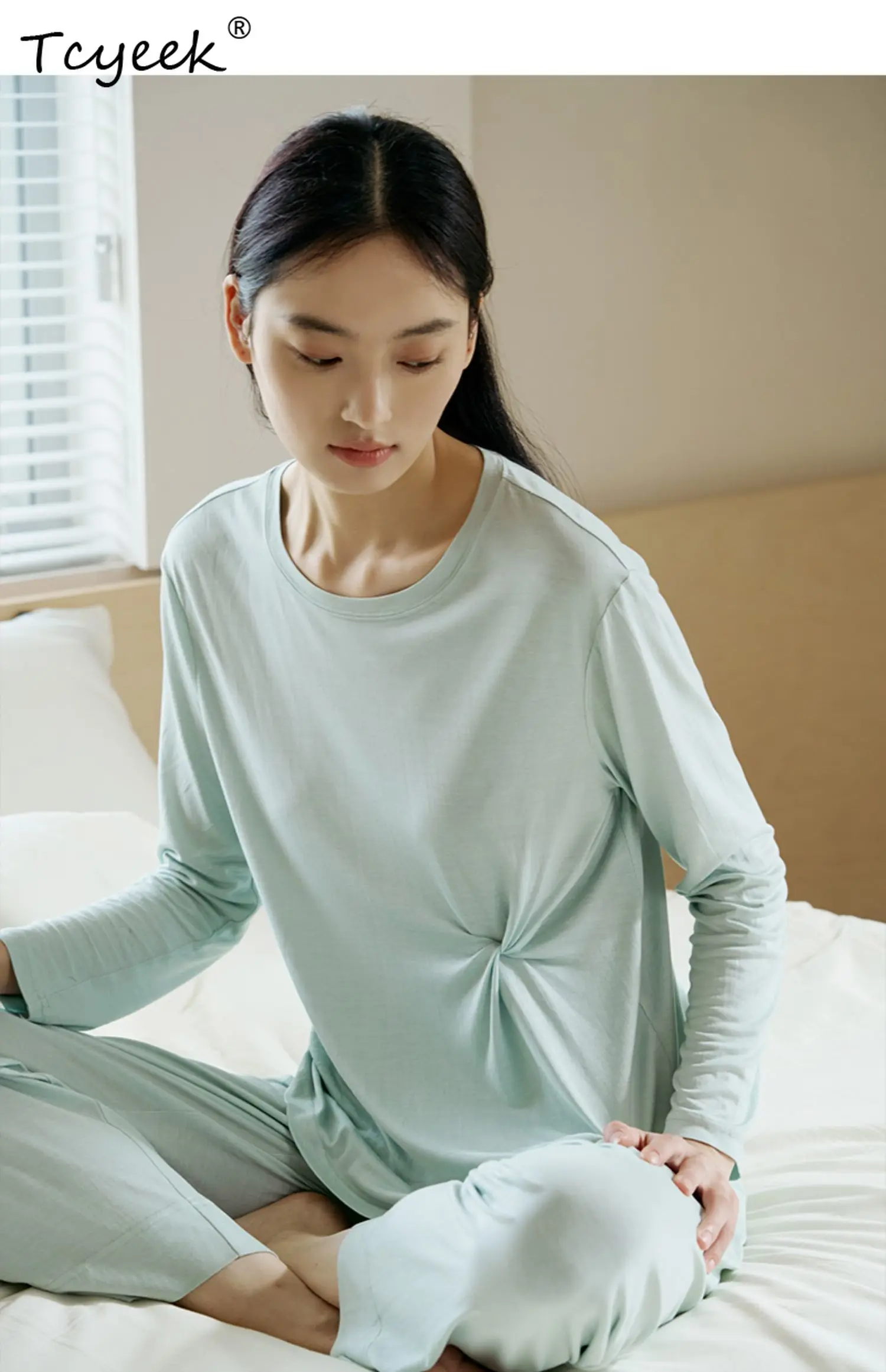 

Tcyeek, 100%Mulberry Silk Knit Pajamas Set, Women Long Sleeve Top Pants, Casual Sweet Homewear, 2024 Summer Autumn S47667QC