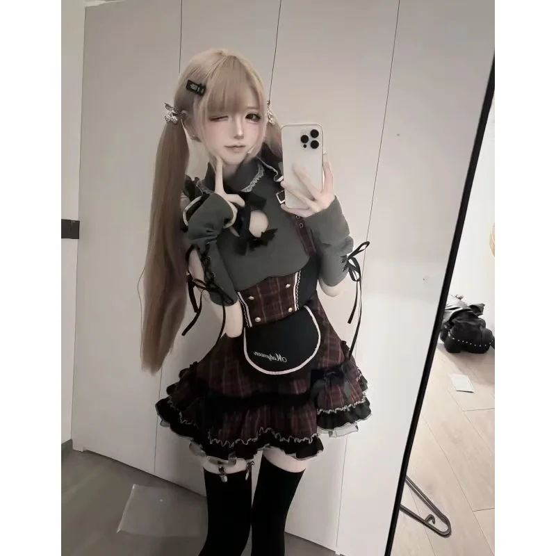 

Осенние готические винтажные элегантные комплекты из 2 предметов для женщин Y2k, шикарная блузка с вырезами + клетчатая дизайнерская юбка, женские ретро-наряды, шикарные