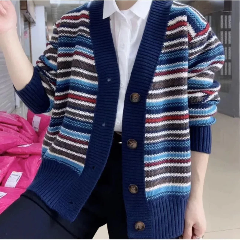 Sweater Women's Fat MM Retro Striped Cardigan Knitted Autumn Winter Jacket Loose Look Skinny Outerwear Sweater Women's New Style