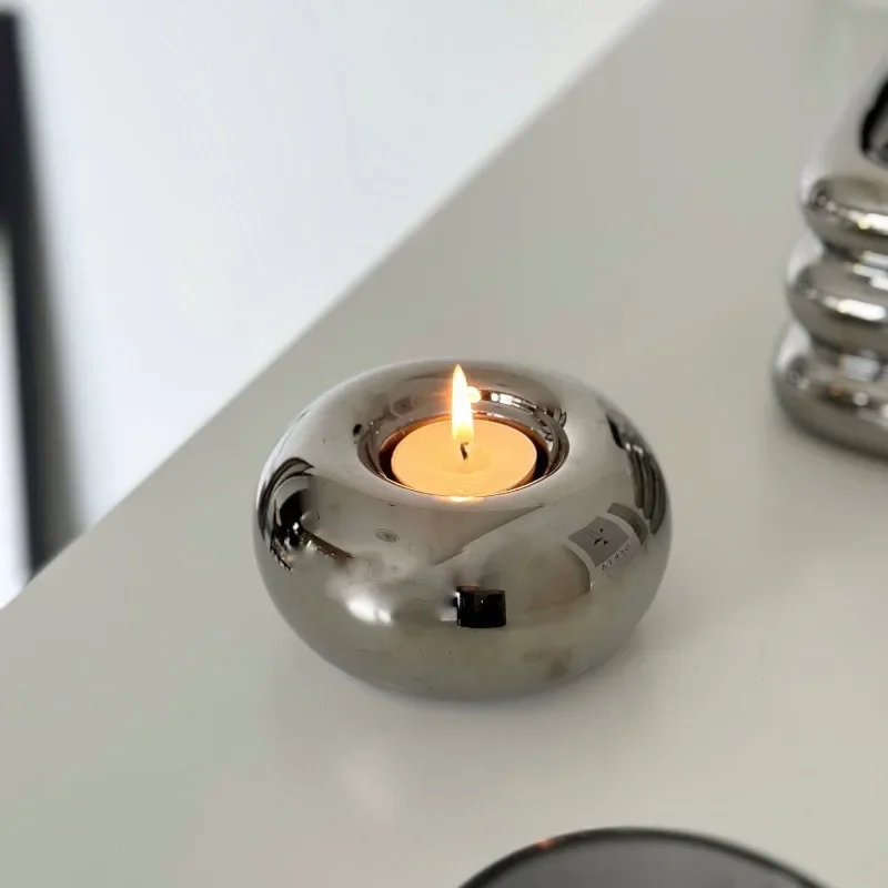 Modern Electroplated Ceramic Silver Candlestick Ornaments Round Candle Pedestal Ins Style Desktop Home Decoration