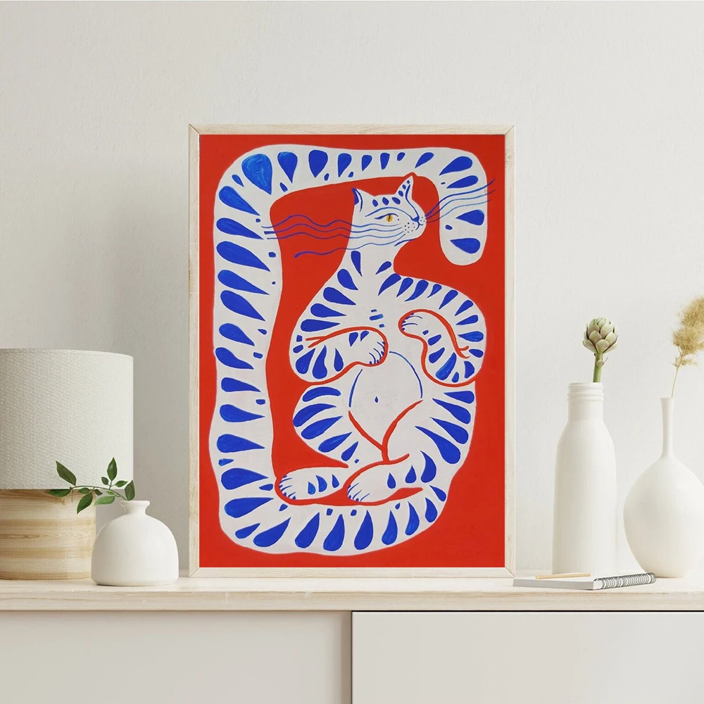 Funny Nordic Abstract Animal Poster Red Pink Green Tiger Cat Canvas Painting Wall Art Prints Picture Kids Bed Room Home Decor