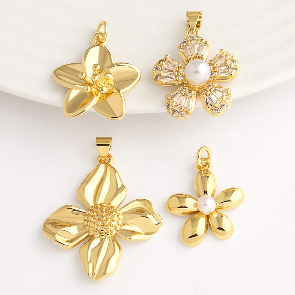 OCESRIO White Crystal Faux Pearl Flower Pendant for Necklace Copper Gold Plated Handmade DIY Jewelry Making Component pdta165
