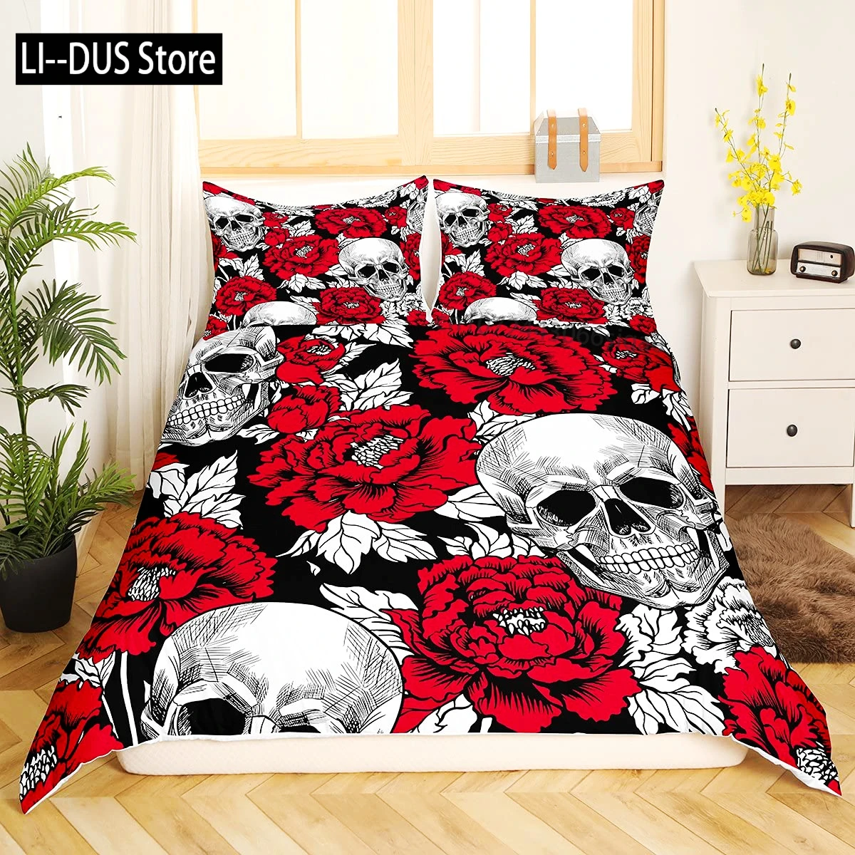 Sugar Skull Bedding Sets Queen King Full Size For Kids, Colorful Flower Skeleton Bedding Decor Set With Pillowcases Room Decor