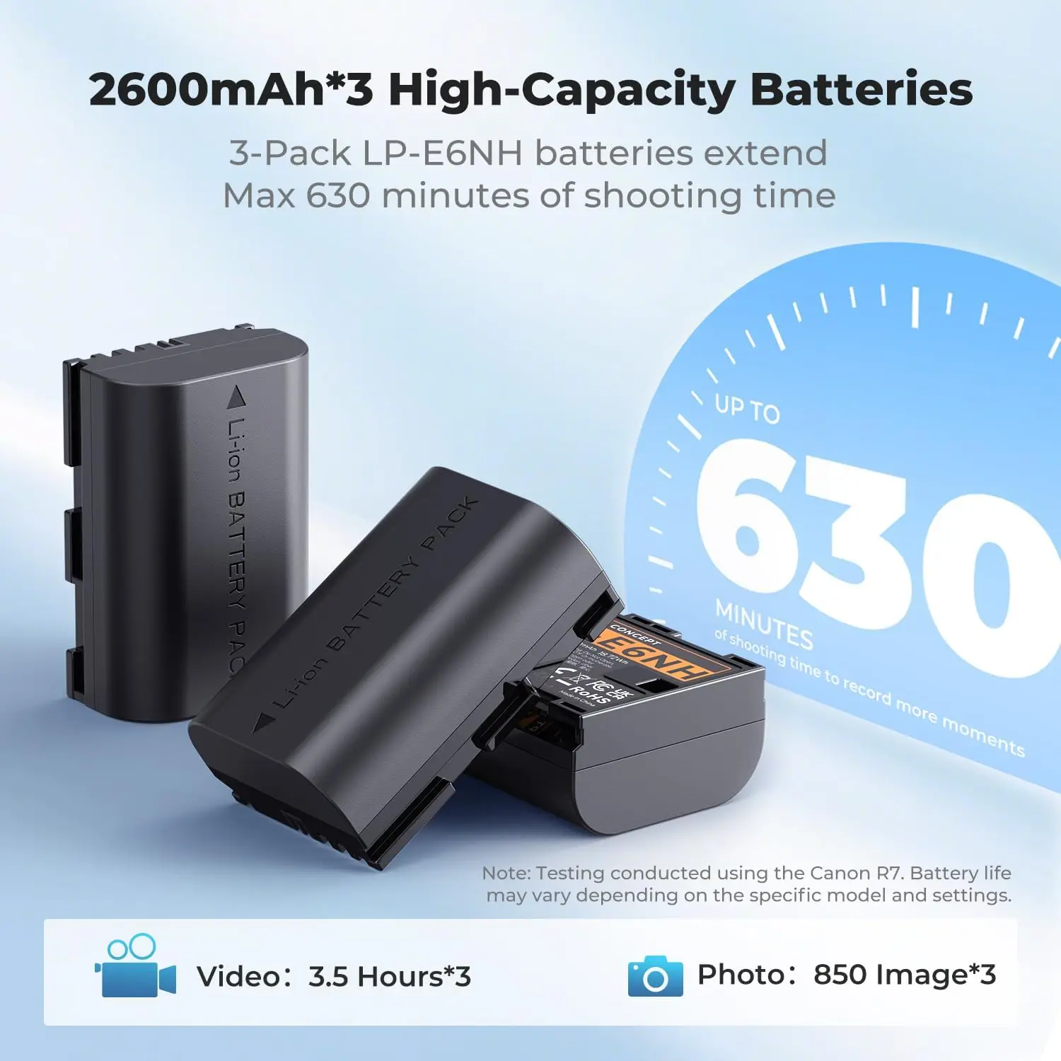 2600mAh LP-E6NH Battery Pack with 3-Slot Charger for R7, R6, R5, R, 6D Mark II, 5D Mark IV, 5D Mark III, 5DS, 5DS R, 5D Mark II, 80D, 90D, 6D, 7D, 7D Mark II