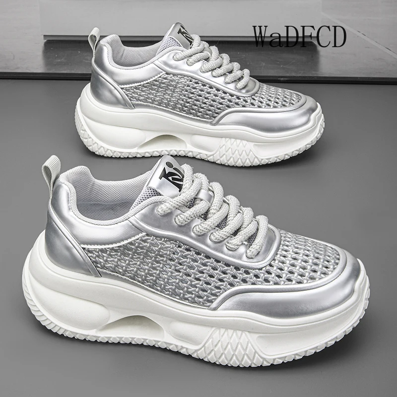 

Chunky Sneaker Men Designer Hollow Sole Sport Shoes Fashion Casual Leather Fabric Breathable Height Increased Platform Gym Shoes