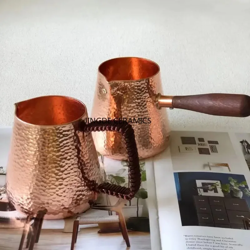 

1pc Pure Copper Latte Pitcher, Milk Jug with Wooden Handle, Kettles Hammer, Handcraft Drinkware, Tableware, 500ml