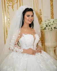 Vestidos De Novia blancos De lujo con cuello transparente, lentejuelas brillantes, manga larga, Apliques De encaje, elegantes vestidos De Novia