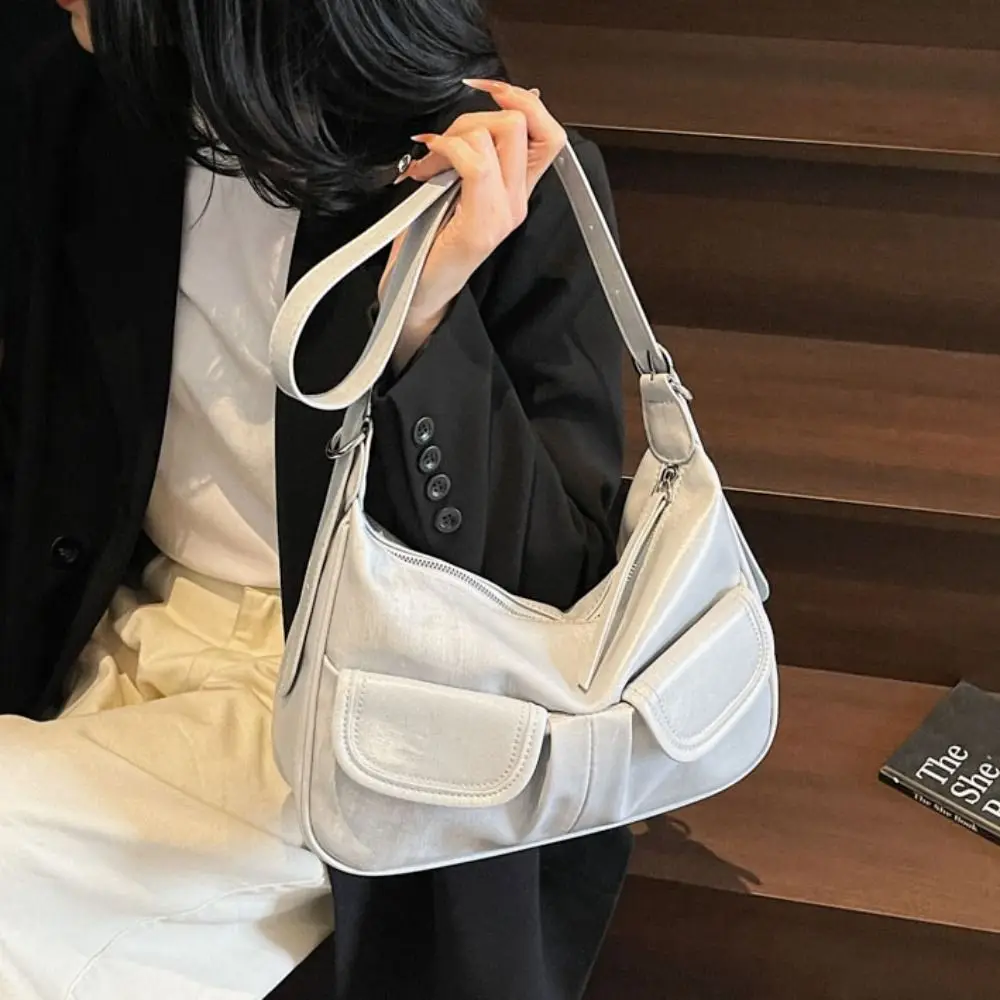 

Portable Solid Color Crossbody Bag Retro Double Pockets Shoulder Bag PU Leather High-capacity Satchel Hobo Bag Women
