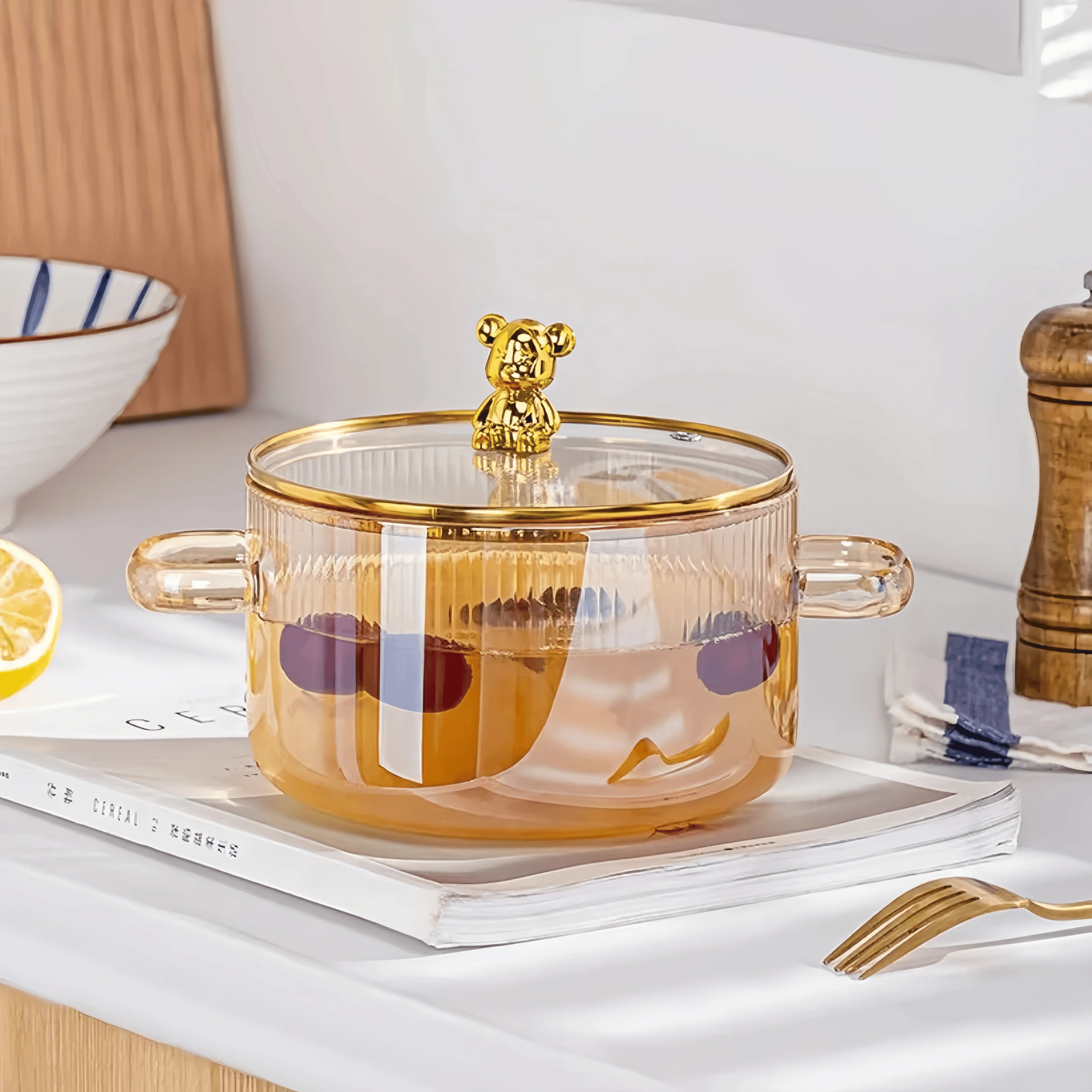 High Borosilicate Glass Crockpot High Temperature Resistant Cute Bear Glass Lid