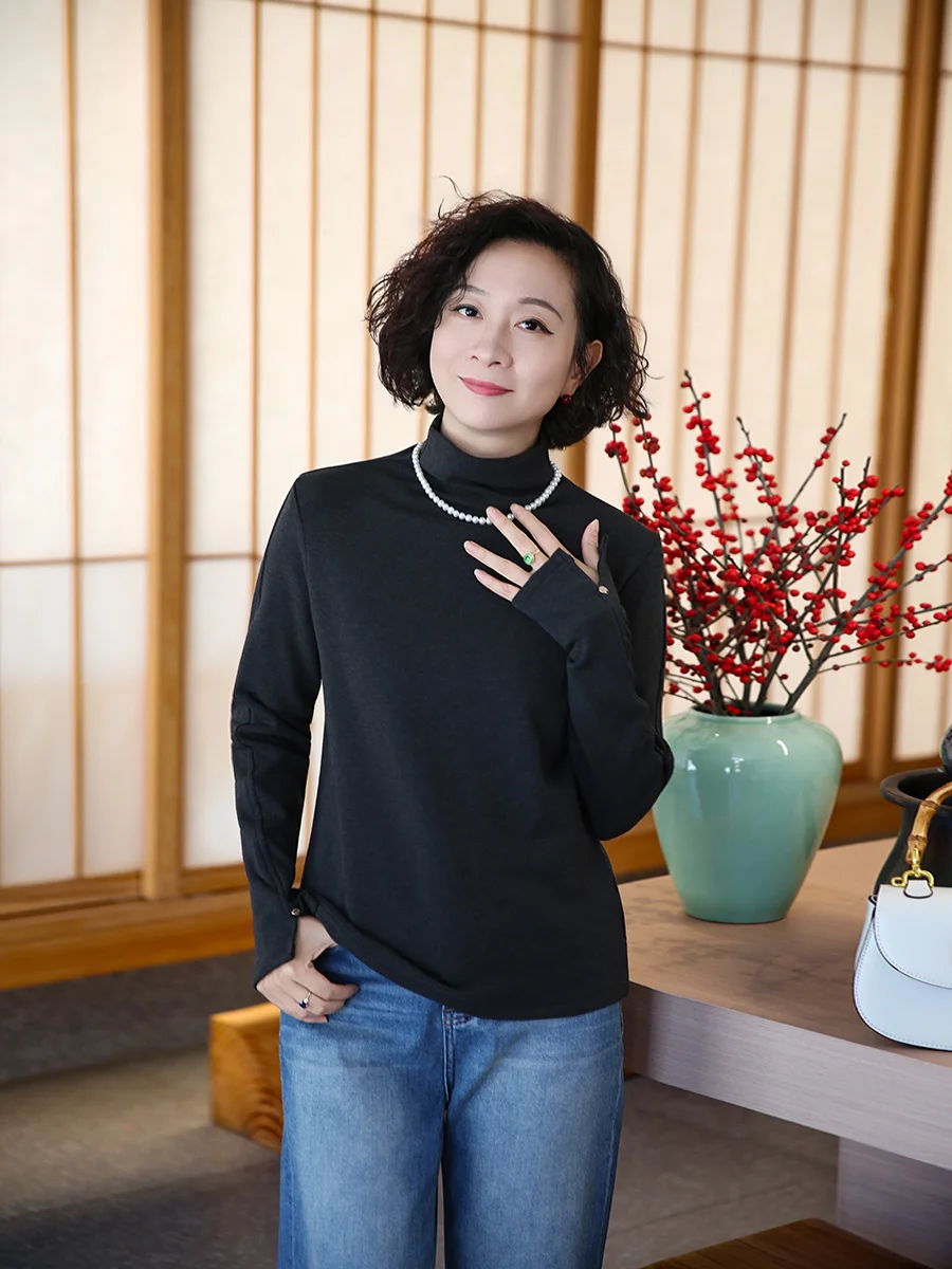 

Comfortable High Collar Long Sve Fce Lined Casual Knitted Sweater Versatile Autumn Winter Cotton Nylon Spandex Blend