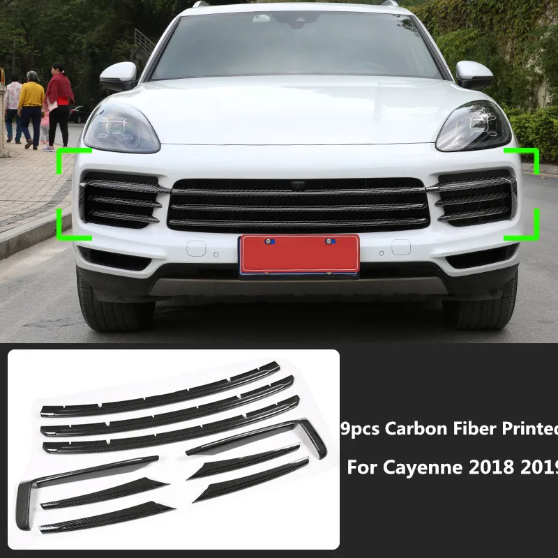 For Porsche Cayenne 2018 2019 Styling Accessories Carbon Fiber Printed Car Front Grille Moulding Trim Fog Light Lamp Cover