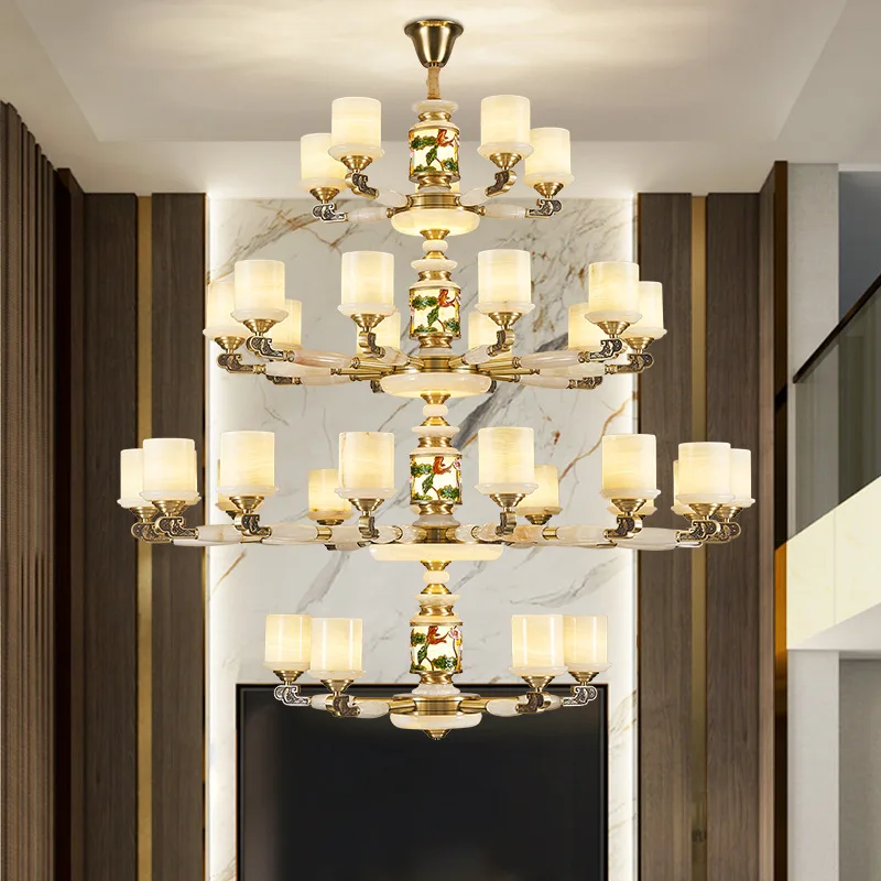 النمط الصيني الجديد، جميع النحاس، اليشم، غرفة المعيشة، الثريا، النمط الصيني، الفيلا، المبنى المزدوج #3