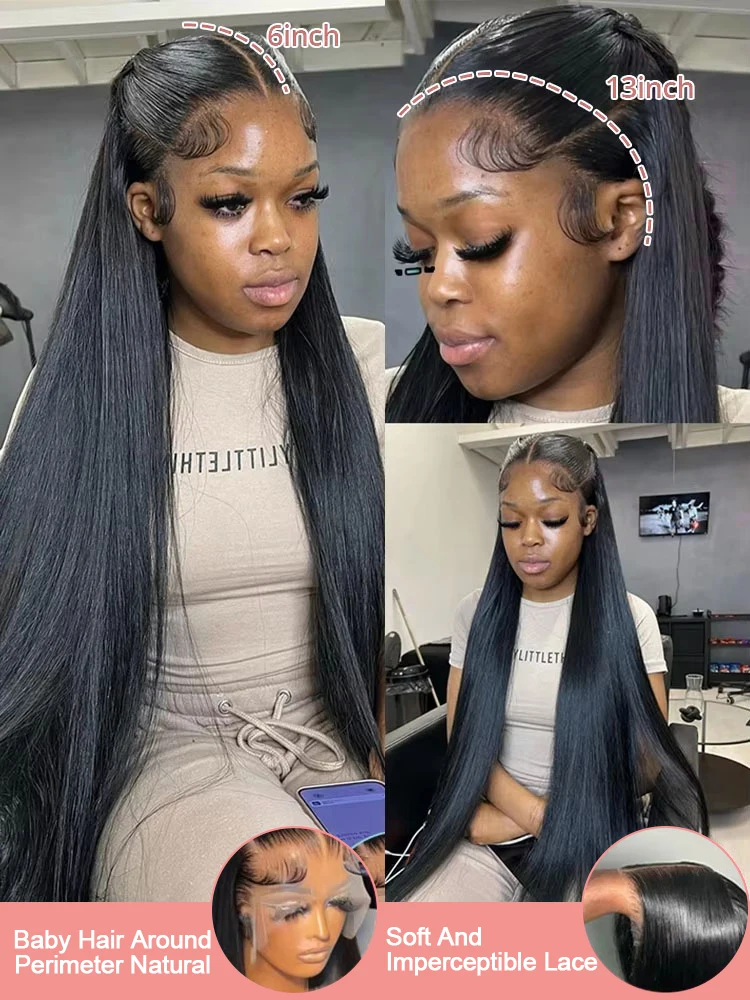 Long Black Straight Human Lace Wig Pre Plucked Hairline With Baby Hair For Women 30 40 Inch 13x4 Transparent Straight Lace Front Wigs 220 Density Brazilian 13x6 HD Lace Frontal Human Hair Wig - view 5
