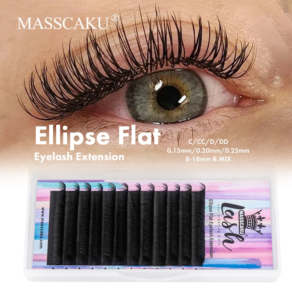 

Customizable Ellipse Flat Split Tips Shaped Eyelash Extensions C D Curl Lightweight Durable Russian Volume Eyelashes by MASSCAKU