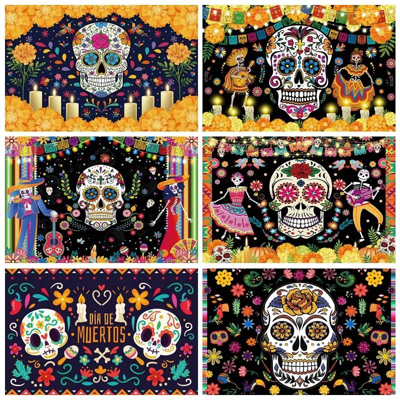 

Mexico Day Of The Dead Backdrop Mexican Sugar Marigold Dress-up Party Decor Photographic Background Photo Studio