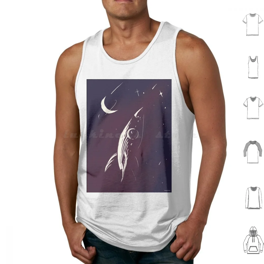 A Darkness Beyond The Stars Tank Tops Print Cotton Space Retro Spaceship Stars Moon Futurist Linocut