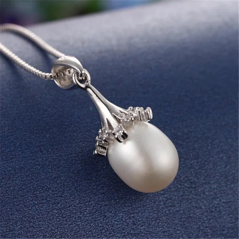 High Quality 925 Sterling Silver Zircon Pendant Necklace 100% Genuine Natural Freshwater Oval Pearl Necklace(No Chain)