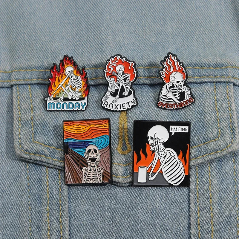 Overthinking Fire Skeleton Enamel Pins I'm Fine Social Anxiety Cartoon Brooches Halloween Punk Lapel Badge Backpack Accessories