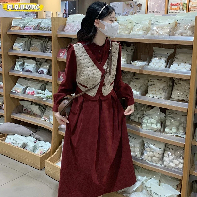 Año nuevo arte Mori niñas vestido largo Otoño Invierno Retro Vintage estilo japonés lindo dulce Y2K falso diseño de dos piezas vestido de pana