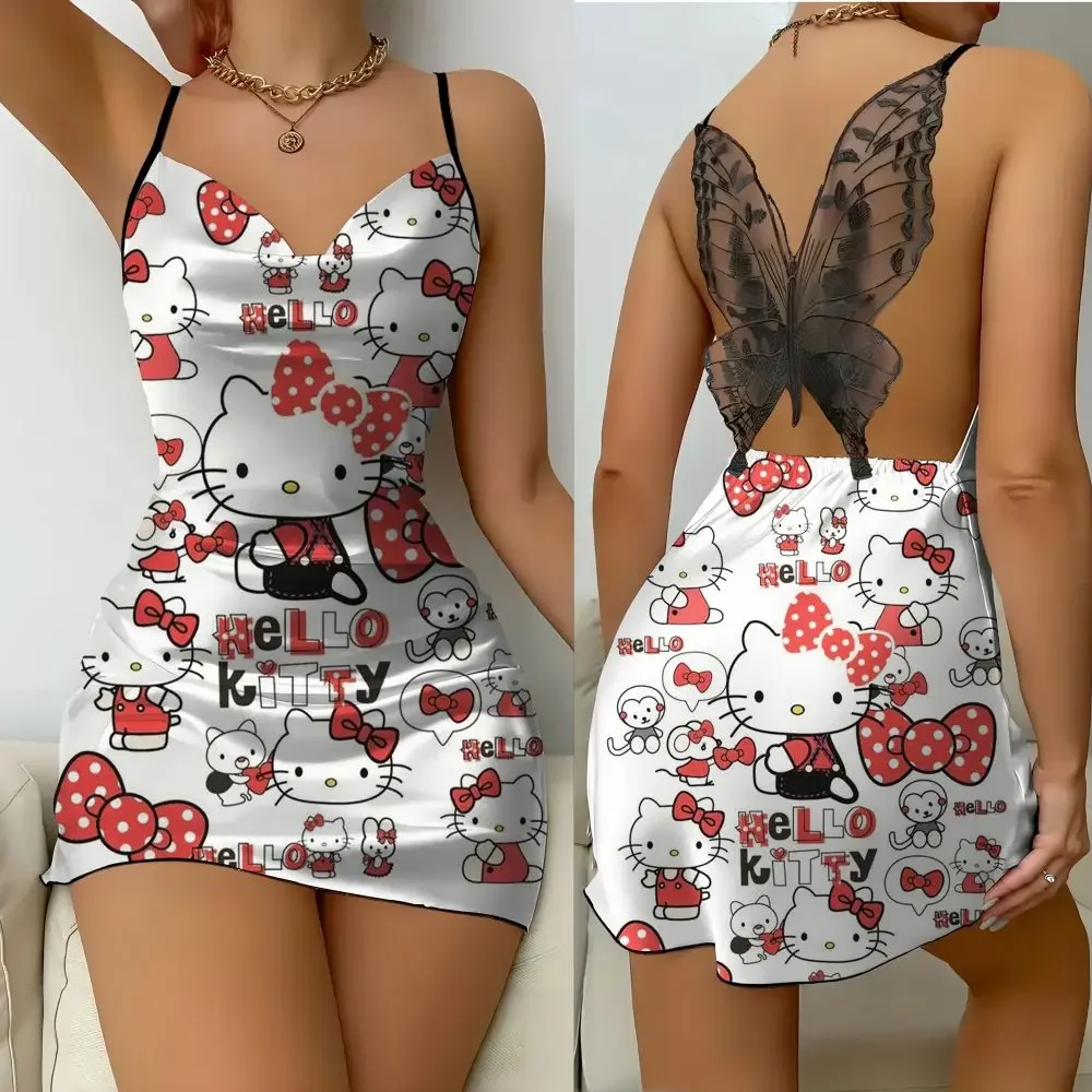 Sukienka do spania z nadrukiem Hello Kitty, moda 2025, letnia, damska, casualowa, elegancka, z odkrytymi plecami, satynowa, wygodna spódnica.