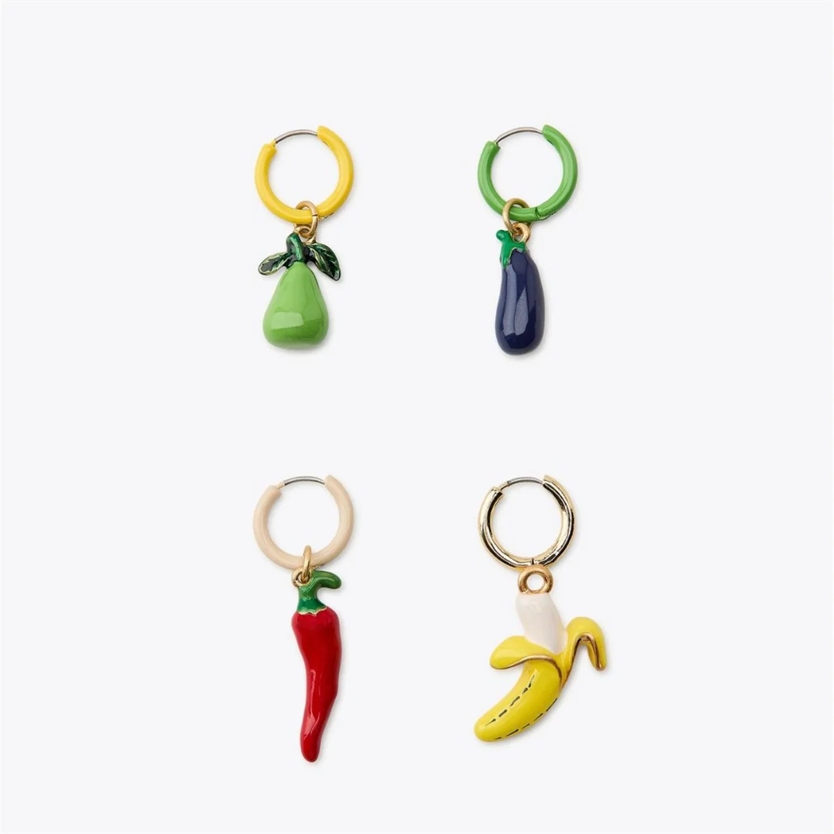 

Stainless steel colored vegetable and fruit earrings, eggplant and chili pendant earrings, gold plated for women