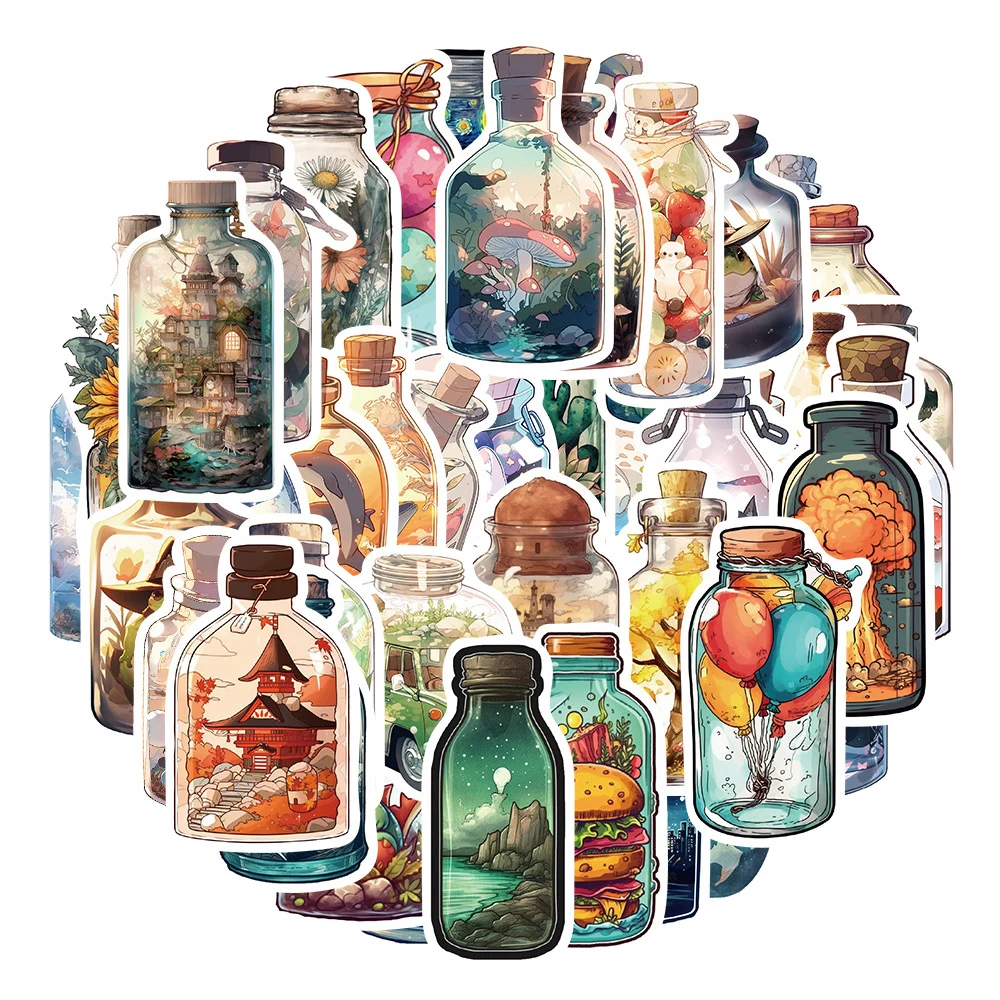 10/30/50PCS Vintage INS Style Bottle World Cartoon Aesthetic Stickers Decals Waterproof Kawaii Anime Decoration Sticker Kids Toy