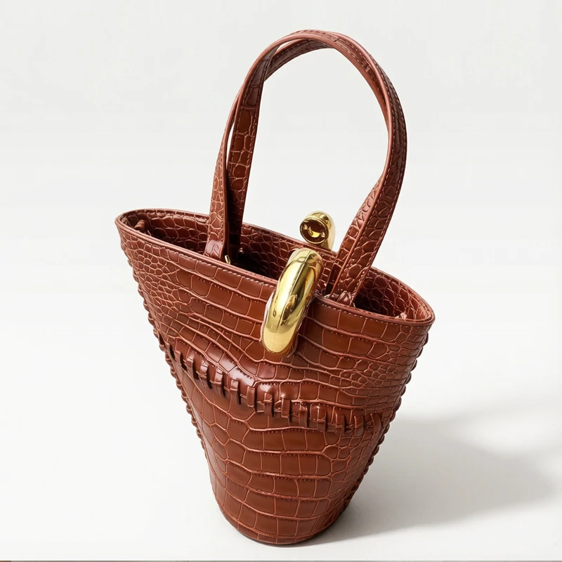 Small Irregular Shape Bucket Bags For Women Luxury Designer Handbags Purses 2025 New In PU Crocodile Pattern Metal Ring Shoulder