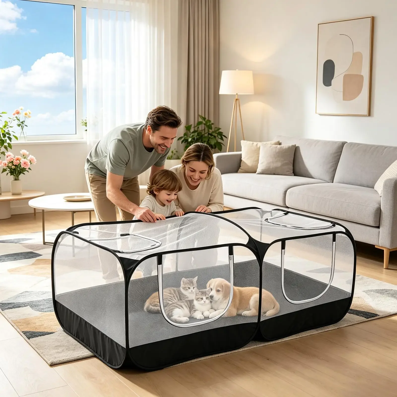Portable Pet Fence Bottomless Breathable transparent mesh foldable pet fence for Puppies kittens rabbits indoor outdoor