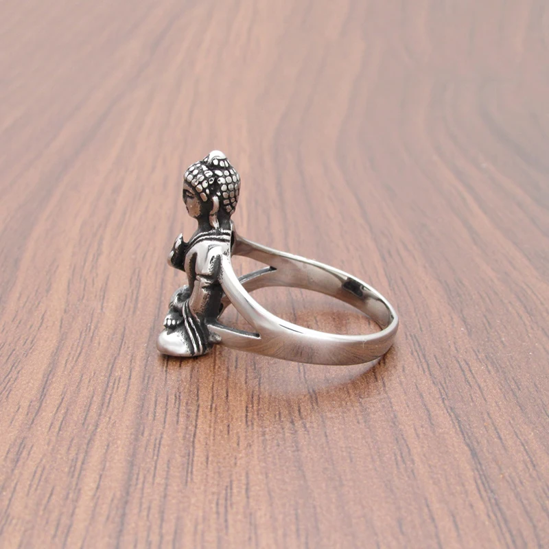 Punk  316L Stainless Steel Classical Buddhism Solemn Buddha Statue Metal Amulet Ring Jewelry