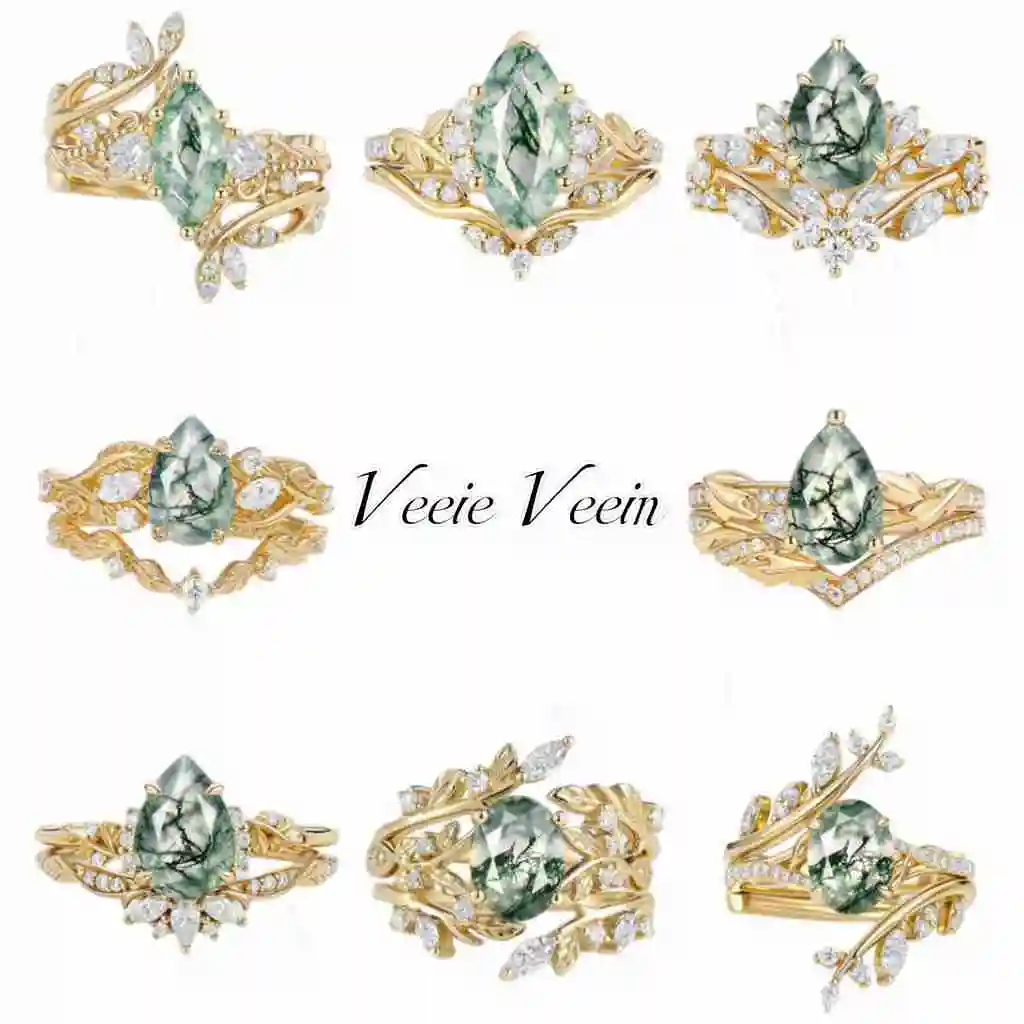 Veeie Veein Jewelry Ins Small Fresh Natural Water Grass Agate Stacked Ring Set S925 Sterling Silver Floral Green Moss Gemstone