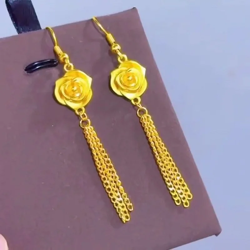 24K 9999 Pure Gold Rose tassel earrings new fashion temperament ear line