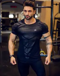 Camiseta deportiva de manga corta para hombre, traje de entrenamiento de alta elasticidad, ajuste ajustado muscular, 23