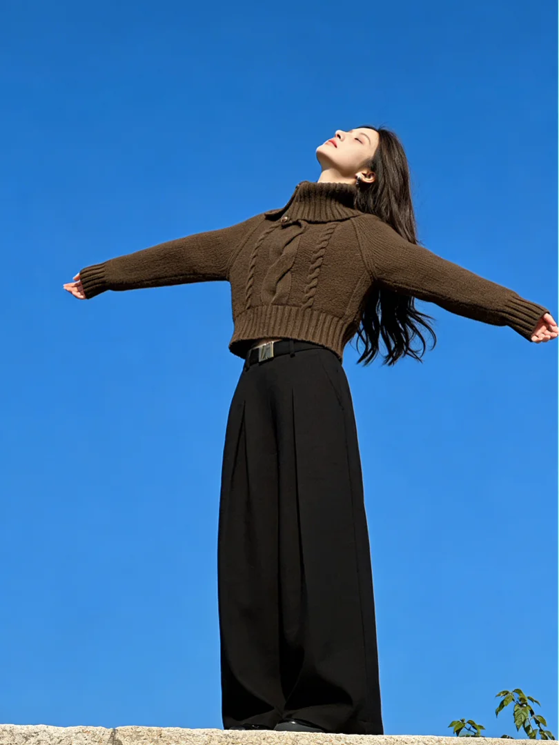 

Unique Beautiful Korean Sle Coffee Knitted Sweater ort Winter Inner Wear Top High Waist Long Sve High Collar Girl's Fa...