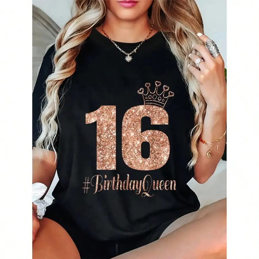 

16th Birthday Sweet Six 16 Rose T-Shirt - Round Neck, Short Sleeve, Graphic Tee for Women & Men