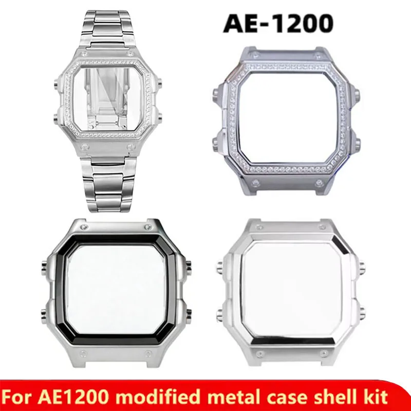 Estojo de Aço Inoxidável Sólido AE-1200 para Casio Metal Shell AE1200 AE-1200WH AE-1300 Kit de Anel de Vidro à Prova d'Água Estojo com Diamante