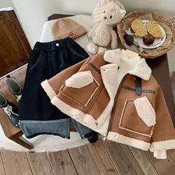 Chaqueta cálida integrada de piel de ciervo para niños, ropa de invierno para niños, estilo coreano, a la moda