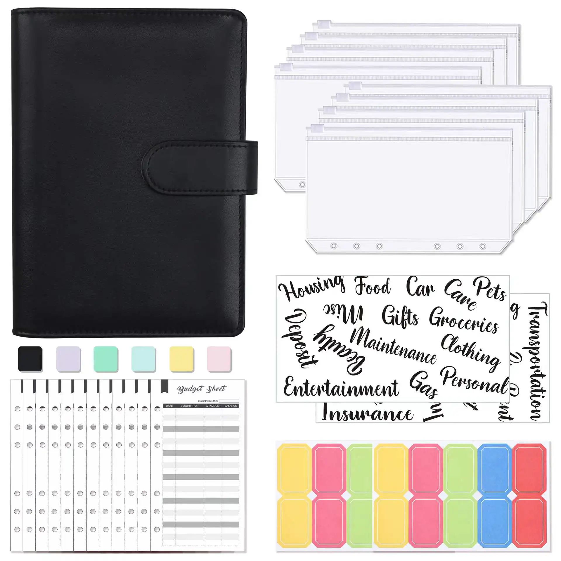 A6 Budget Binder Cover with Zipper Envelopes for Money Expense Saving Planner Organizer Cash Bills Coupon with Labels Stickers