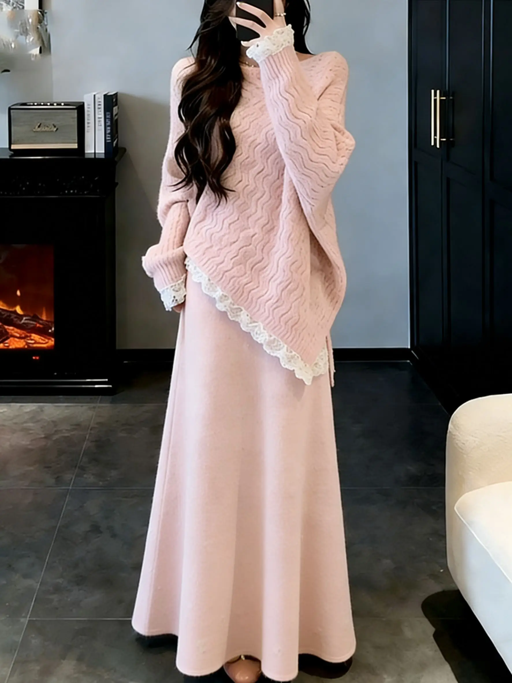 

Зимний модный корейский комплект в стиле Little Fragrance Rich Girl: молодежный комплект OOTD с длинной юбкой с высокой талией