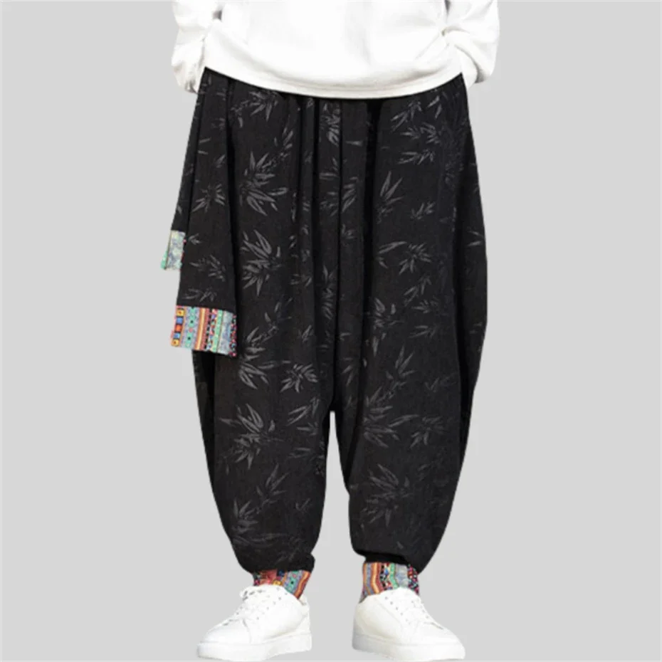 

Corduroy Bamboo Print Joggers Pant Men Vintage Straight Wide Leg Pants Chinese Style Plus Size Men Trousers Casual Black