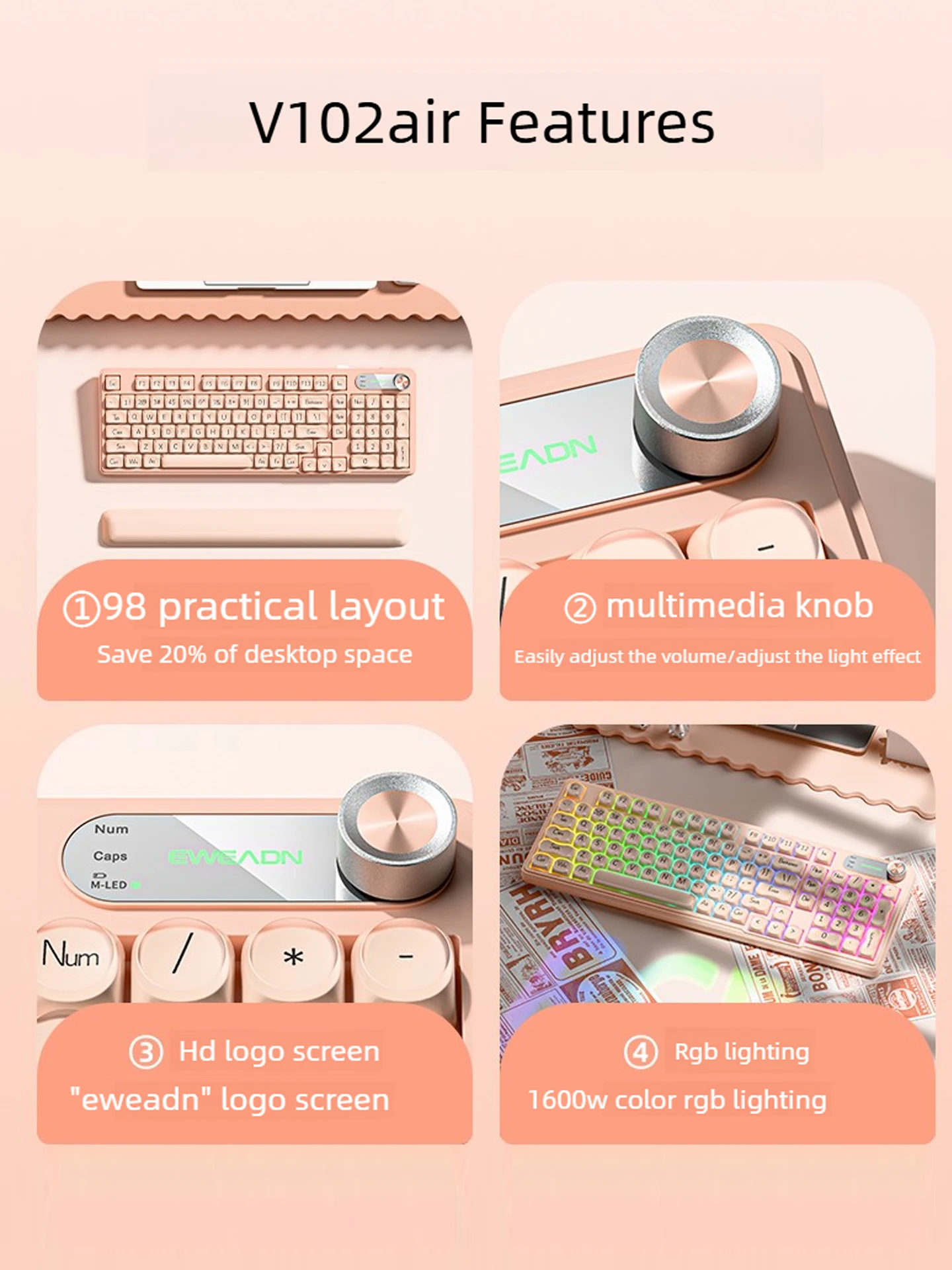 EWEADN V102Air Wireless Keyboard 98 Keys RGB Bluetooth Tri-mode Gaming keyboard Ergonomic 2000mAh Rechargeable for Gaming Office