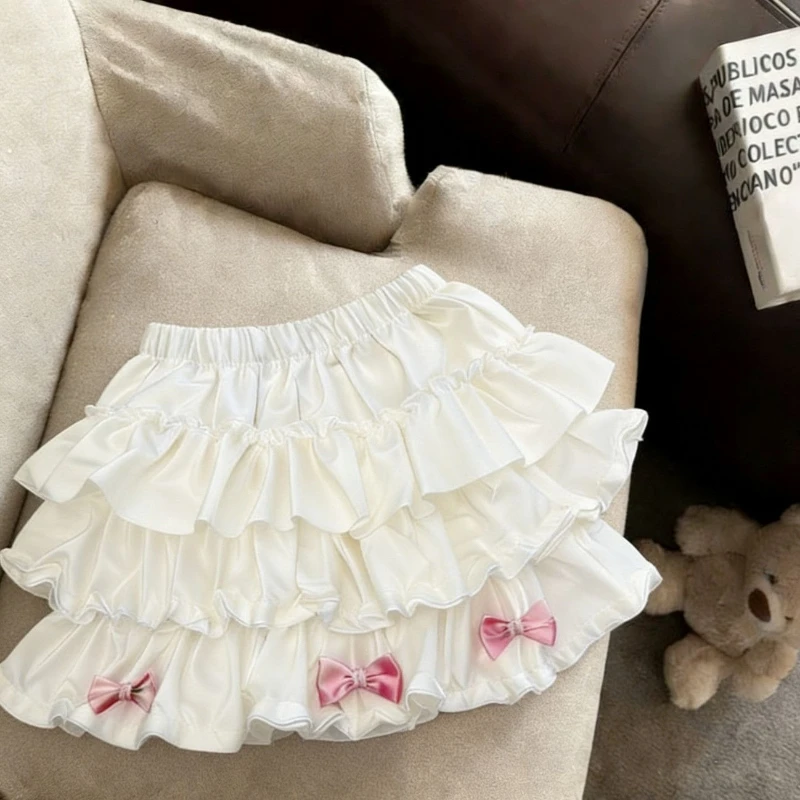 Summer Casual Sweet Women's Skirts Solid Bow Ruffle Layered Cake Mini Skirts 2026 New Chic Retro All Match Daily Female Clothes