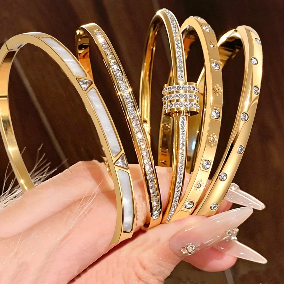 ZAKOL 5pcs Gold Color Stainless Steel Stack Bracelets Shiny Zircon Waterproof Stackable Bracelet Fashion Jewelry for Women