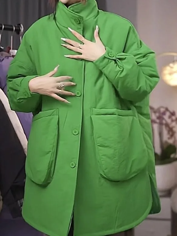 

Теплая хлопковая женская куртка свободного кроя с воротником-стойкой, средней длины, зимняя верхняя одежда, повседневная, с боковыми разрезами