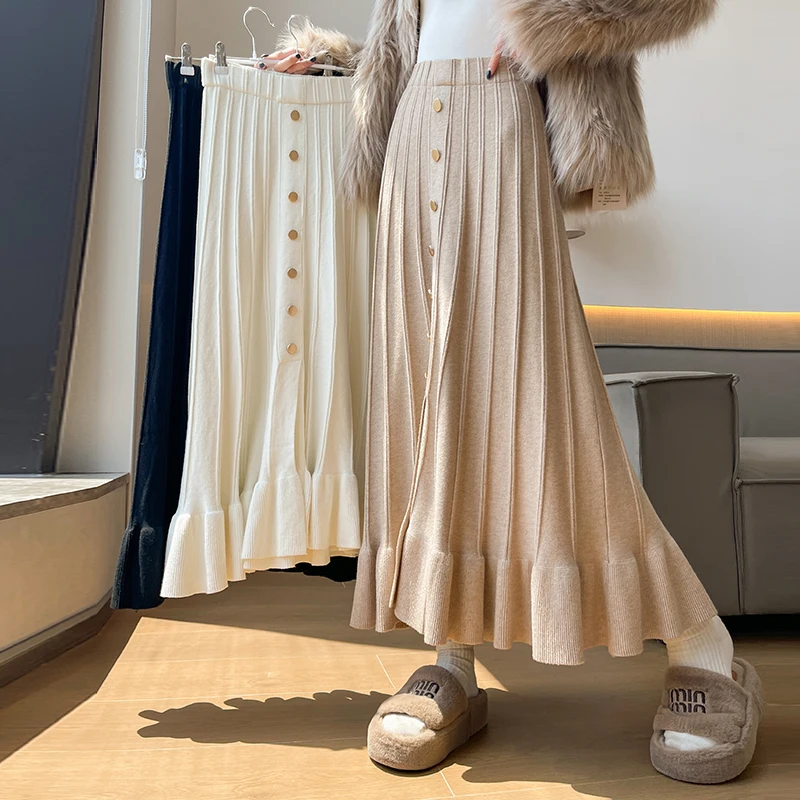 Saias de malha com babados e bainha com botão frontal para mulheres outono saia suéter com fenda evasê em material macio e drapeado