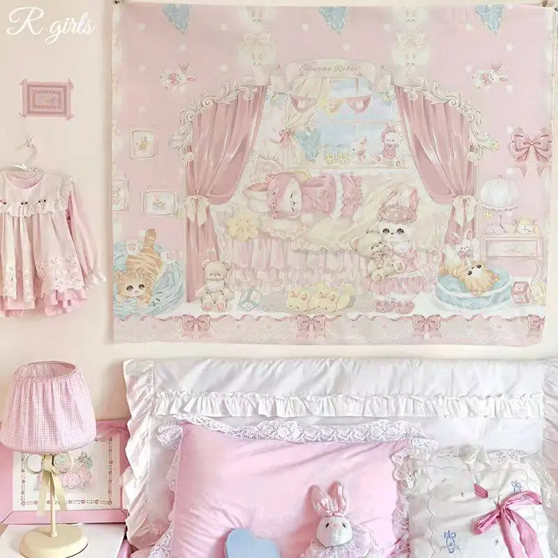 VIKAMA Kawaii Schlafender Hase Wandteppich Pastellrosa Vorhang Hintergrund Wandbehang für Kinderzimmer Dekoration