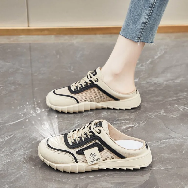 

Baotou Low Heel Slippers Women Less 3cm Heel PU Upper Rubber Platform Sole Non-Slip Comfortable Indoor Outdoor Daily Casual Wear