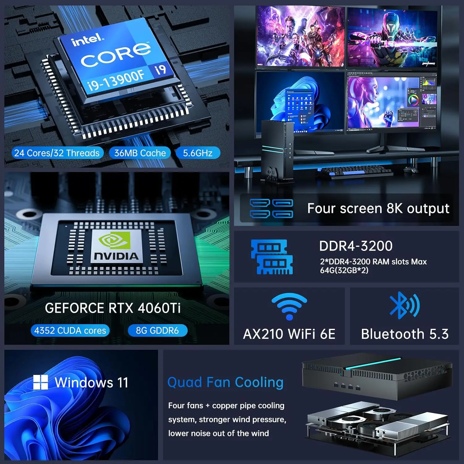 Imagem -05 - Computador pc Gaming Intel i9 Mini Host 13900f i7 13700f i5 13400f Nvidia Rtx 4060 8g Pcie4.0 Windows 11 Wifi6 1