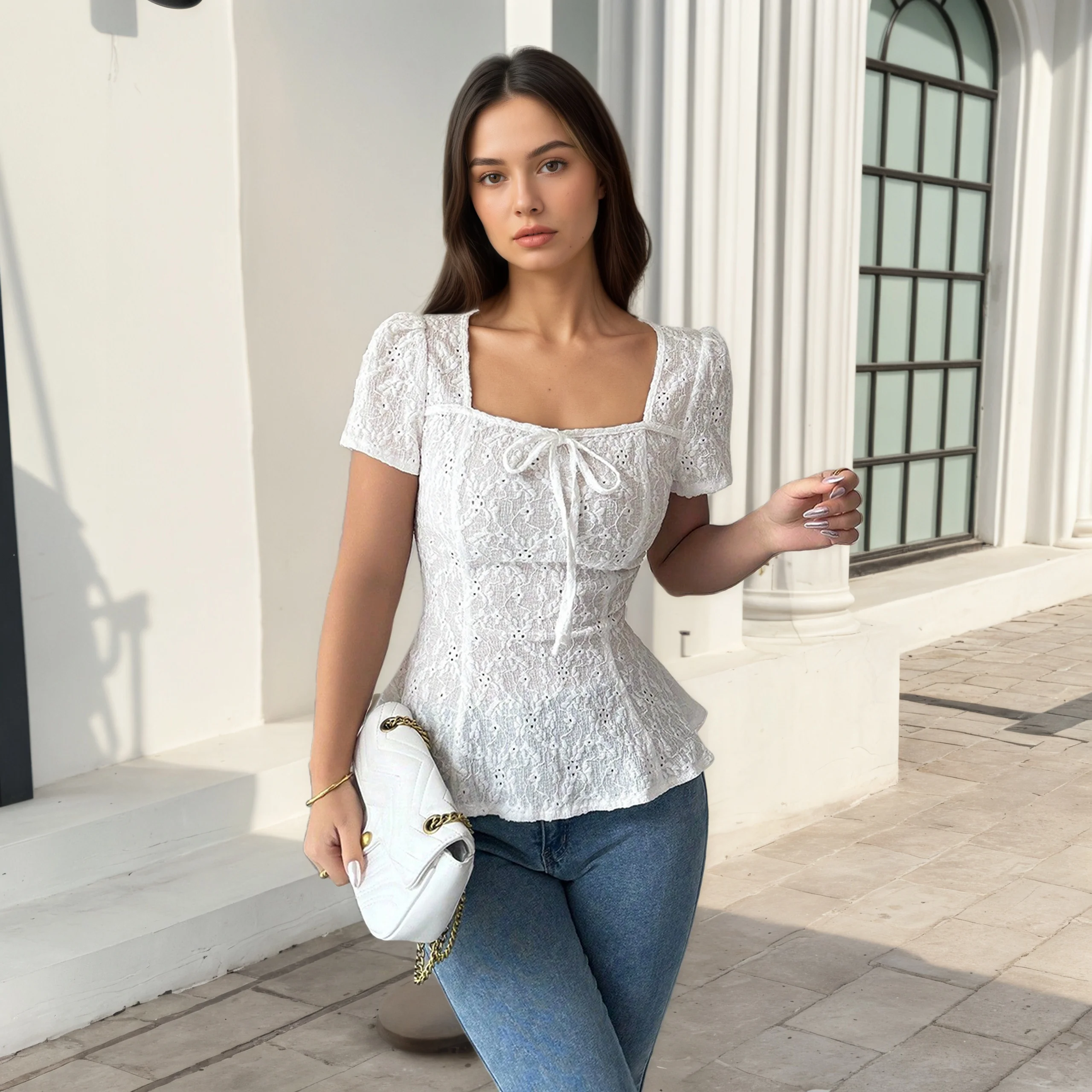 Elegant Solid Color Square Collar Lace Slim Fit Top Summer Temperament Short Sleeve Women's Fashion Casual Blouse