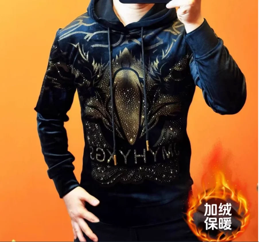 

New autumn and winter plush warm gold velvet hooded men's t-shirt